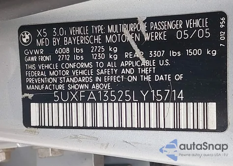 2005 BMW X5 3.0I from USA, damaged, VIN 5UXFA13525LY15714